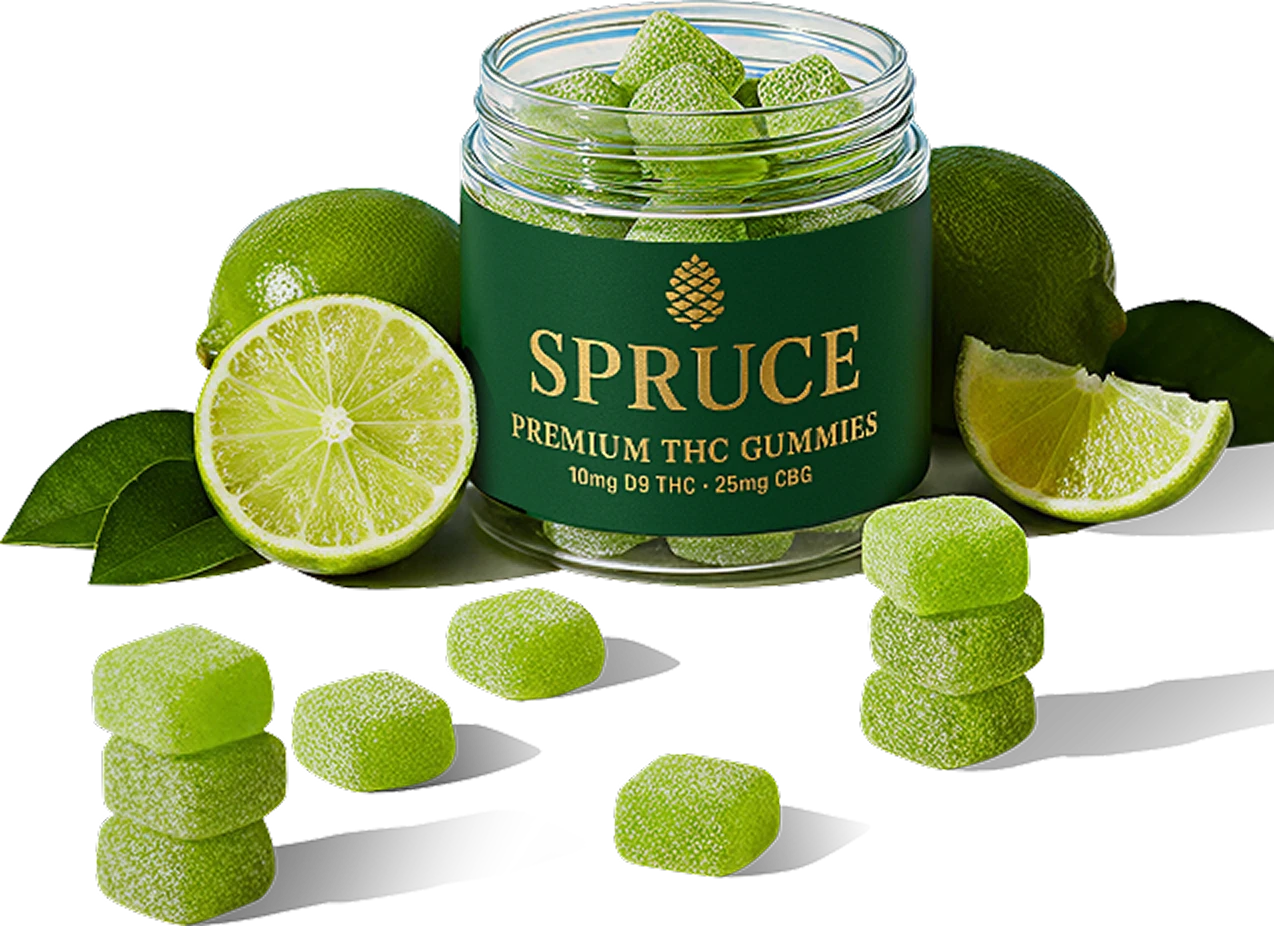 Jar of green gummies with sliced and whole limes.