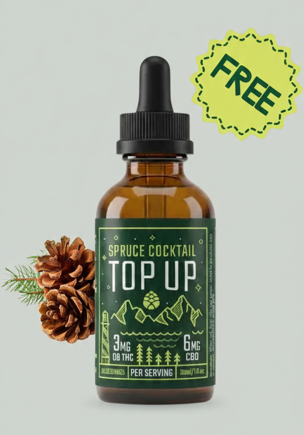 A dropper bottle of Spruce Cocktail Top Up next to a pinecone, with a 'FREE' graphic.