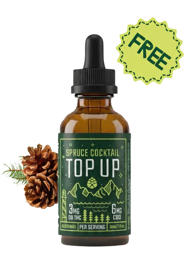 A bottle of Spruce Cocktail Top Up tincture with pinecones and a 'FREE' sticker on a black background.