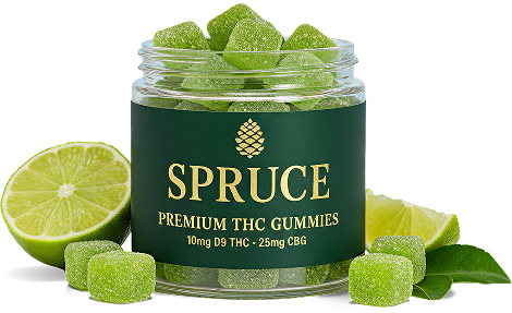 Jar of green THC gummies next to halved lime and leaves.