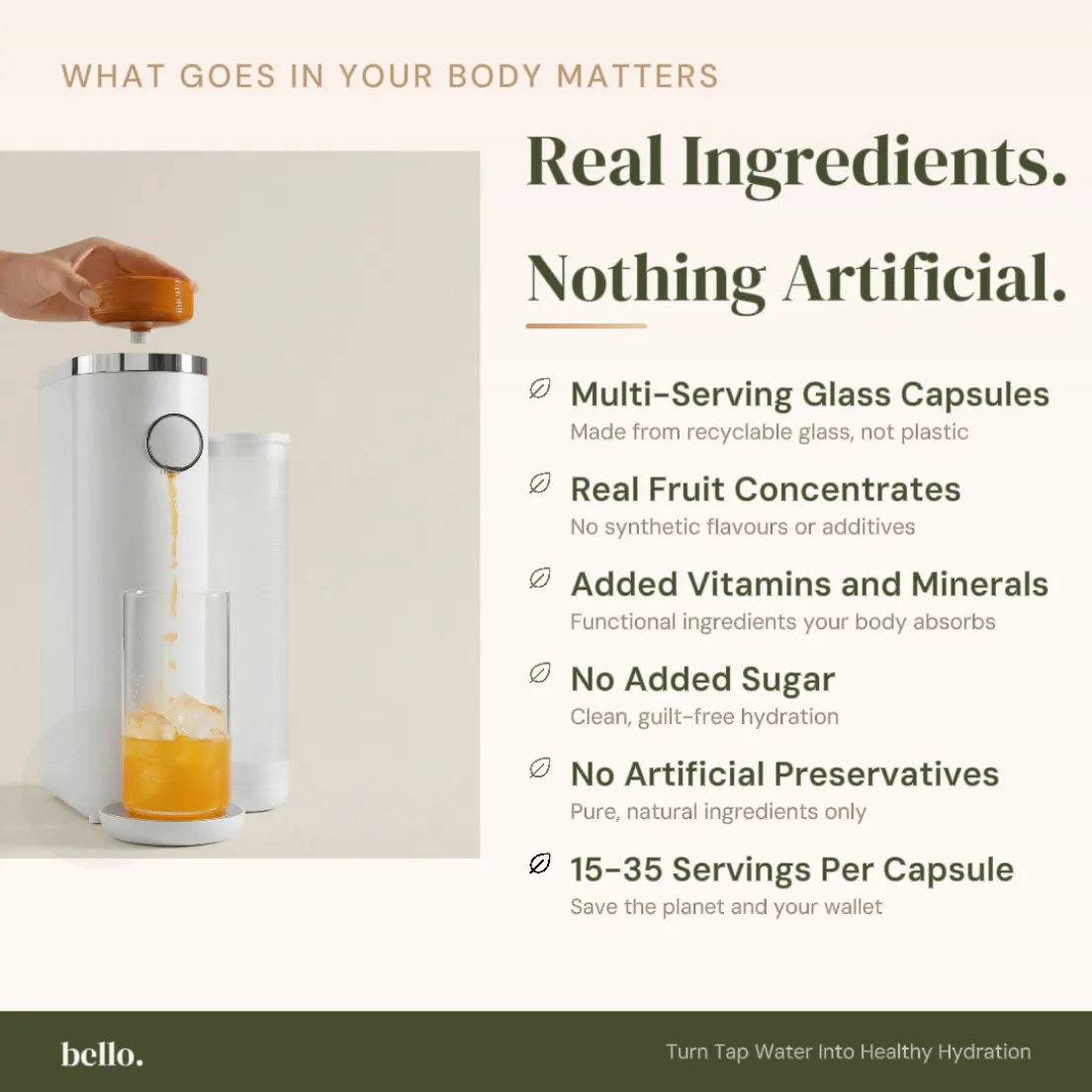 A white machine dispenses an orange drink into a glass next to text about its natural ingredients.