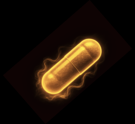 Glowing capsule emitting light and aura on a dark background.