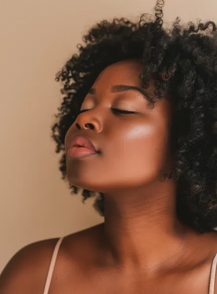 A close-up portrait of a Black woman with curly hair, her eyes closed and head tilted back.