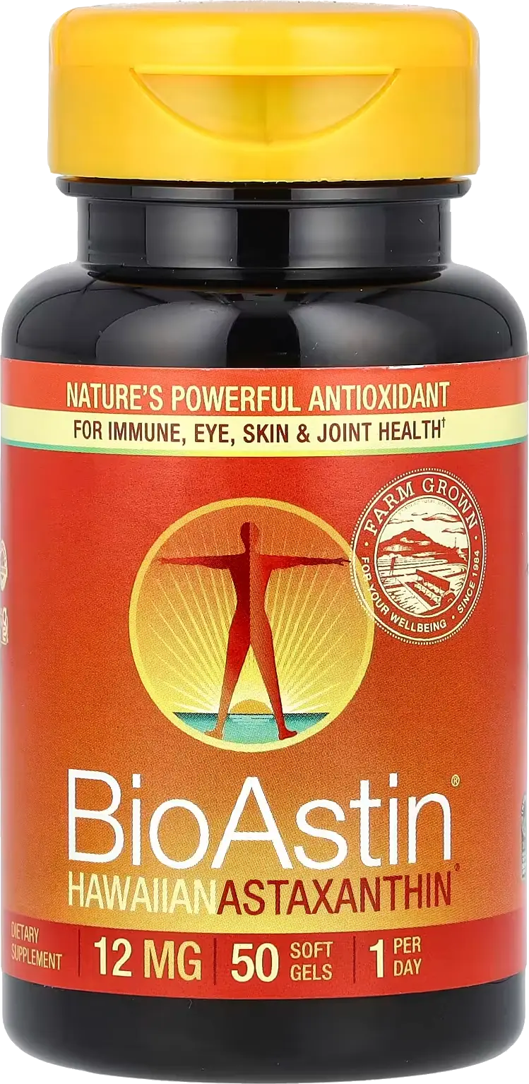 A bottle of BioAstin Hawaiian Astaxanthin dietary supplement, containing 12 mg and 50 soft gels.