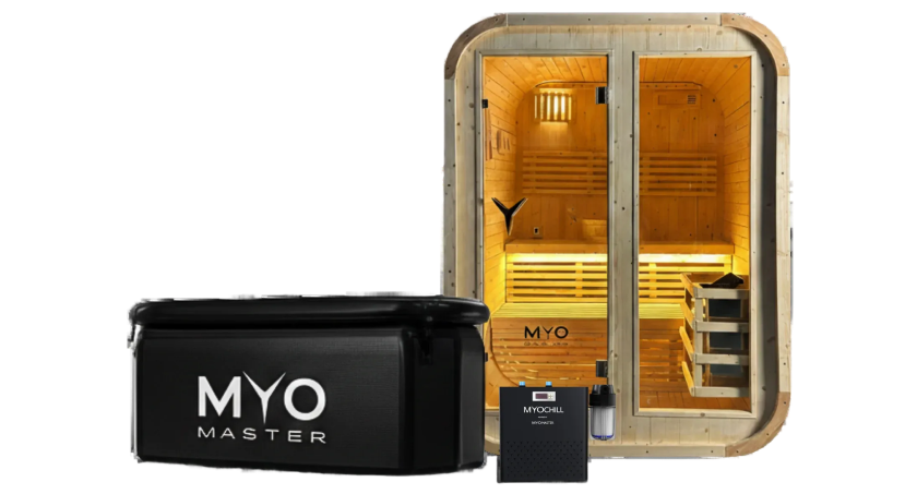 A Myo Master ice bath, a MyoChill unit, and a wooden sauna against a white background.