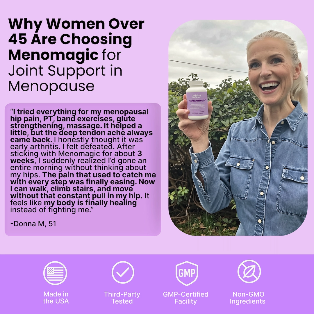 An advertisement for Menomagic showing a smiling woman holding the bottle next to a testimonial and quality icons.