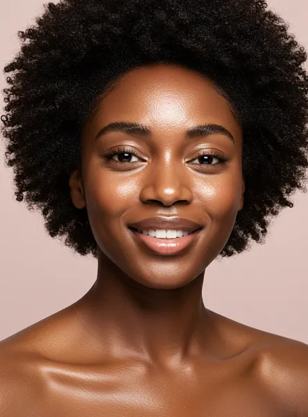 A smiling Black woman with short, natural hair and glowing skin, looking directly at the camera.