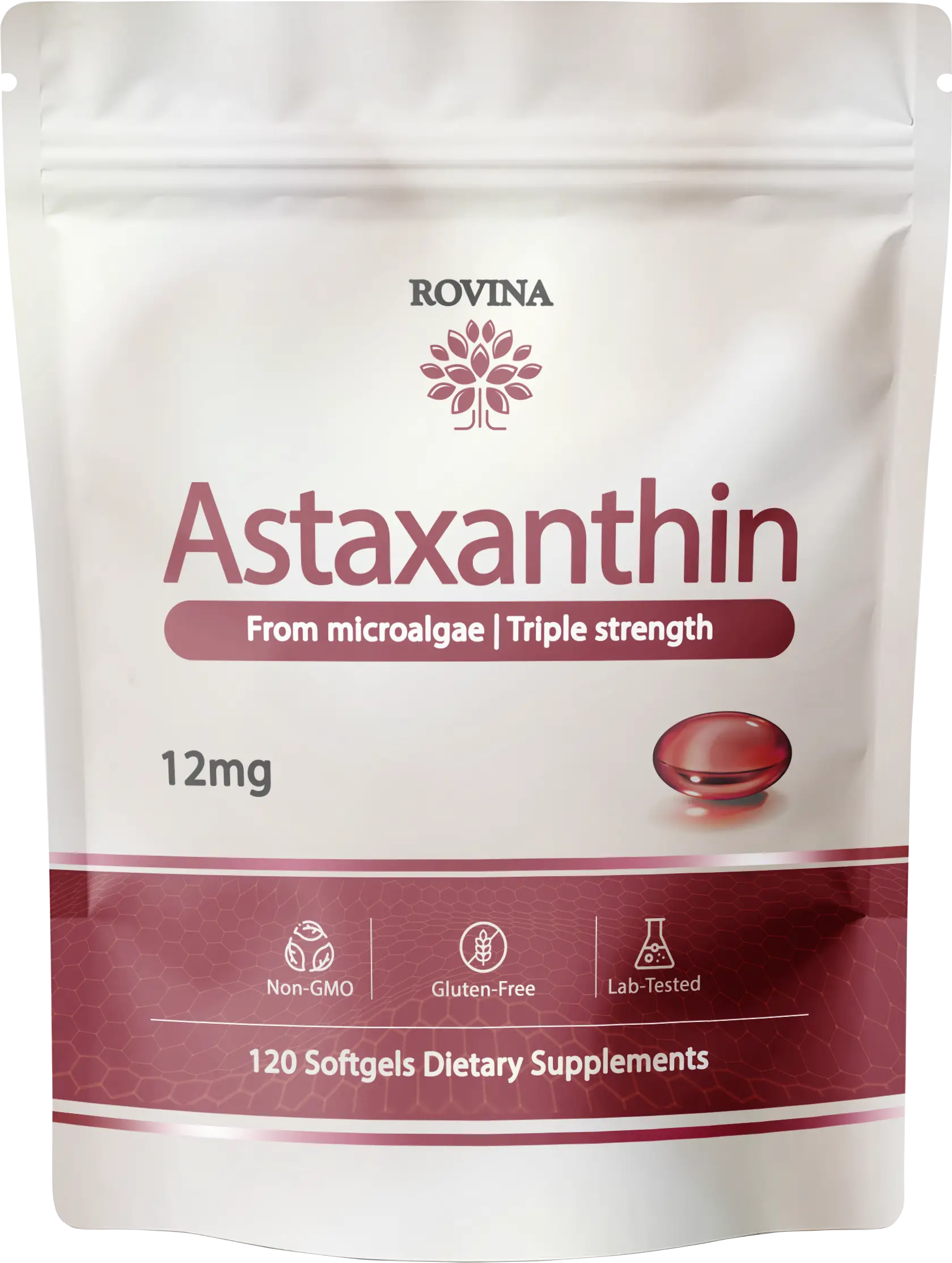 A white and red pouch of Rovina Astaxanthin 12mg dietary supplements, containing 120 softgels.
