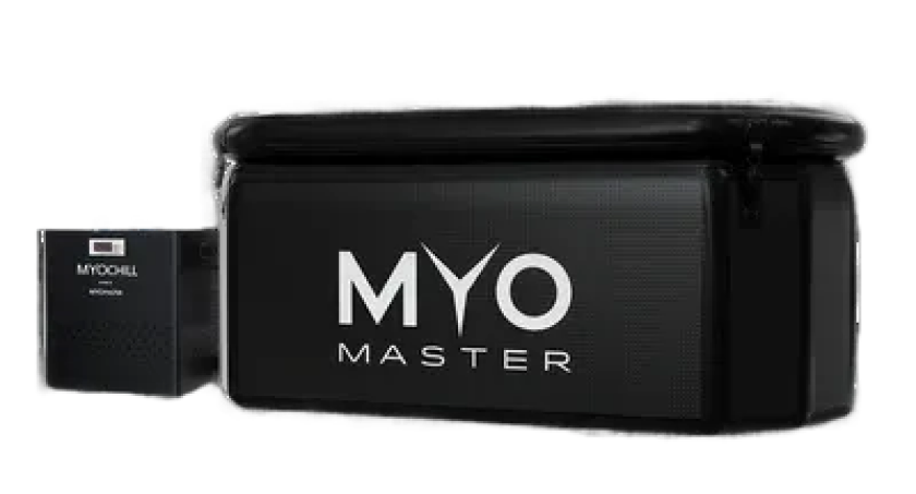 A black Myo Master ice bath and a smaller black MyoChill unit on a white background.