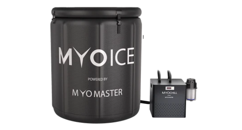 A black Myoice portable ice bath tub and its accompanying Myochill cooling unit on a white background.