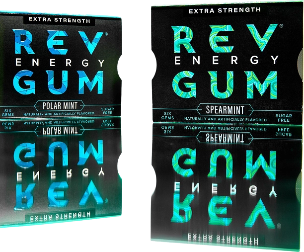 Two boxes of Rev Energy Gum in Polar Mint and Spearmint flavors with reflections.