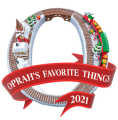 Letter 'O' with train, wrapped by red banner 'Oprah's Favorite Things 2021.'
