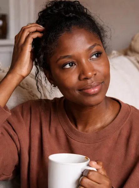 A woman in a brown sweatshirt holding a white mug runs her hand through her hair.