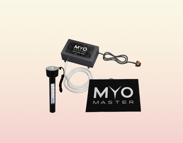 Massage device with control box, wires, and black cloth labeled 'MYO MASTER'.