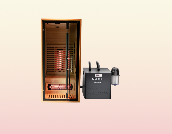Wooden sauna with a glass door and a Myochill unit beside it.