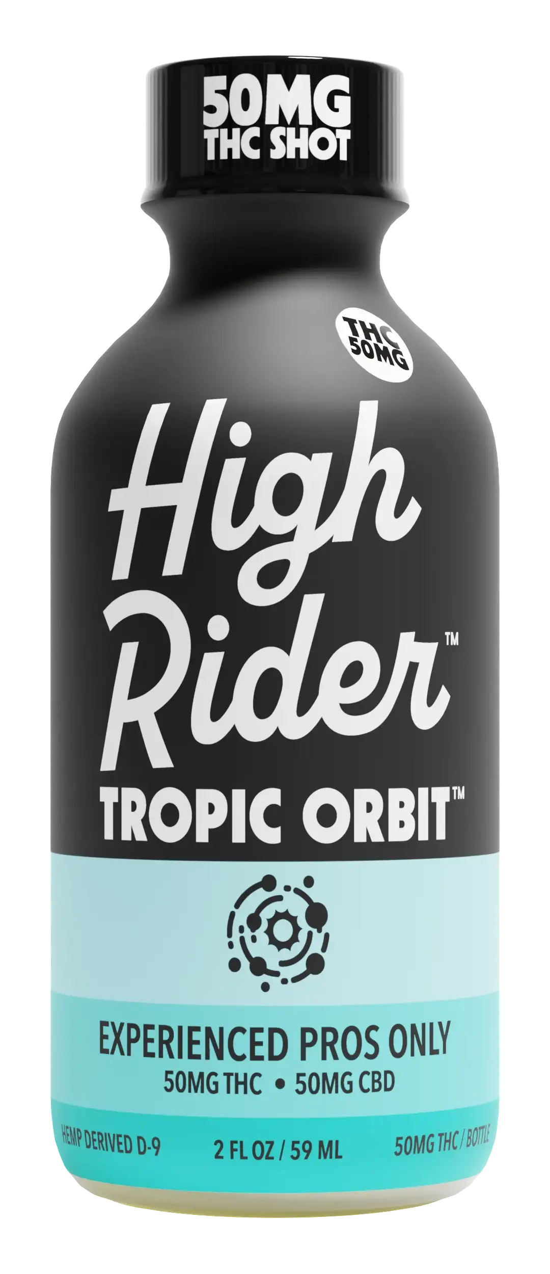 Black and blue bottle labeled 'High Rider Tropic Orbit' with THC and CBD content details.