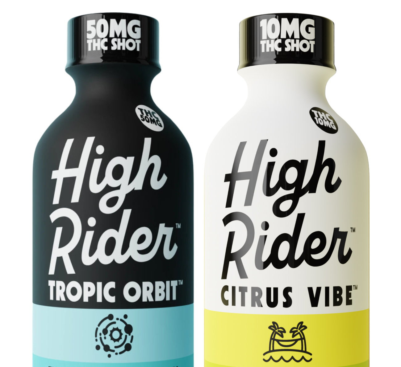 Two bottles of High Rider THC shots, one labeled Berry Orbit and the other Citrus Vibe.