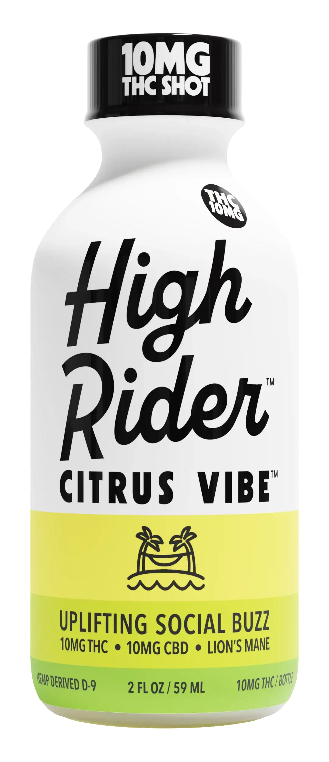 Bottle labeled 'High Rider Citrus Vibe' with 10MG THC and CBD.