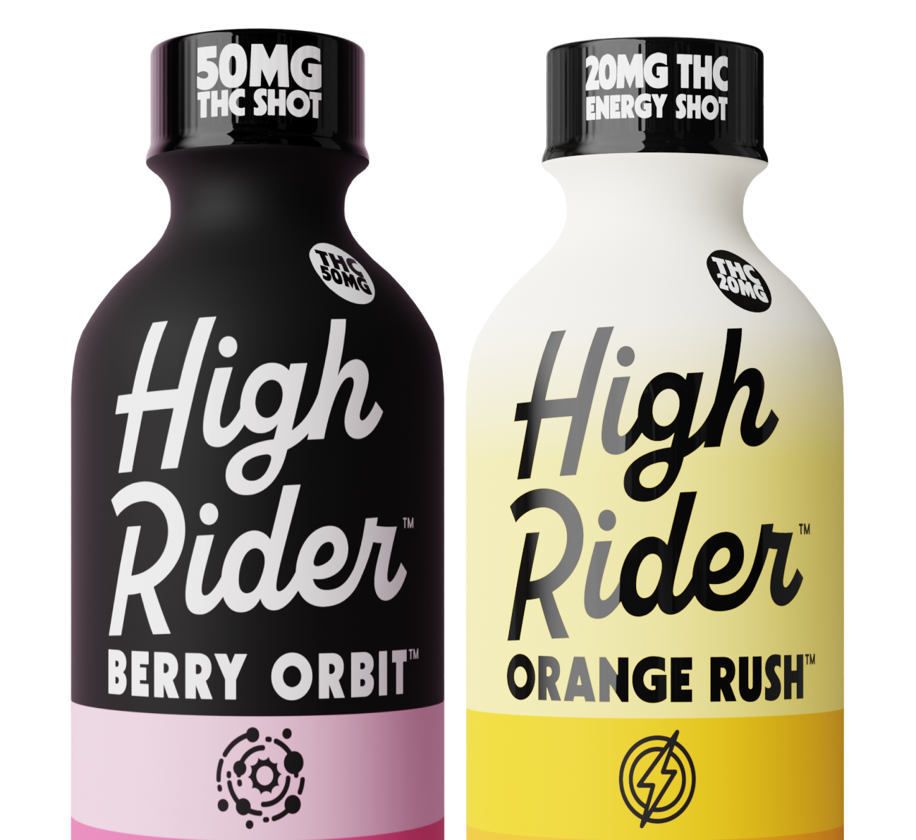 Two bottles labeled 'High Rider', one black and one white.