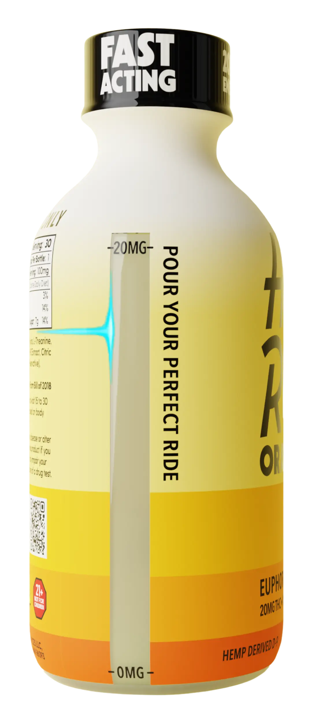 Yellow and orange bottle labeled 'FAST ACTING' with measurement markings and text.