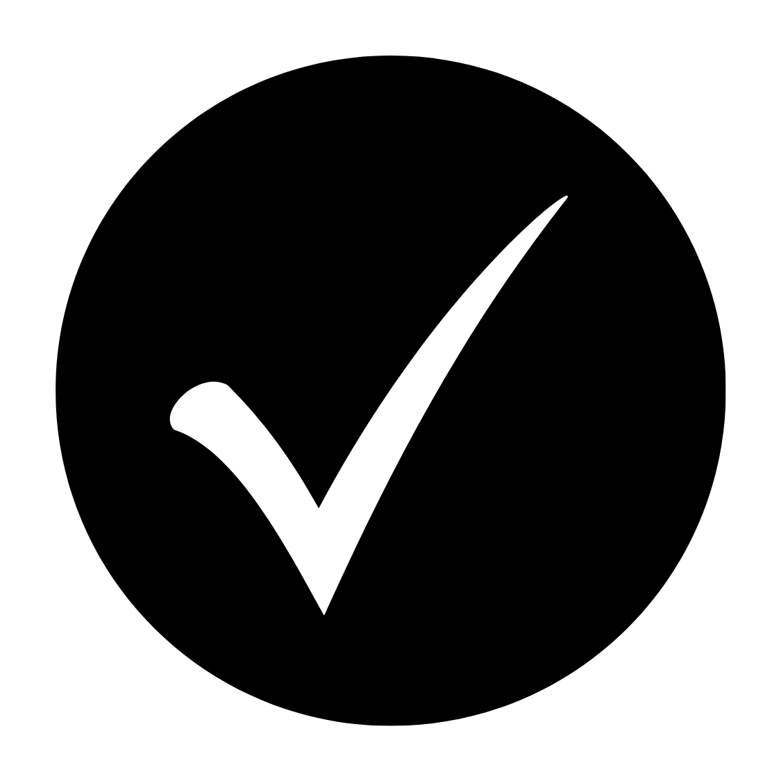 A white checkmark symbol inside a solid black circle.