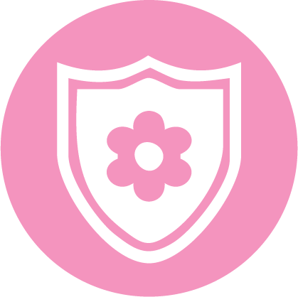 Pink shield with a flower emblem inside on a circular background.
