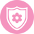 Pink shield with a flower emblem inside on a circular background.