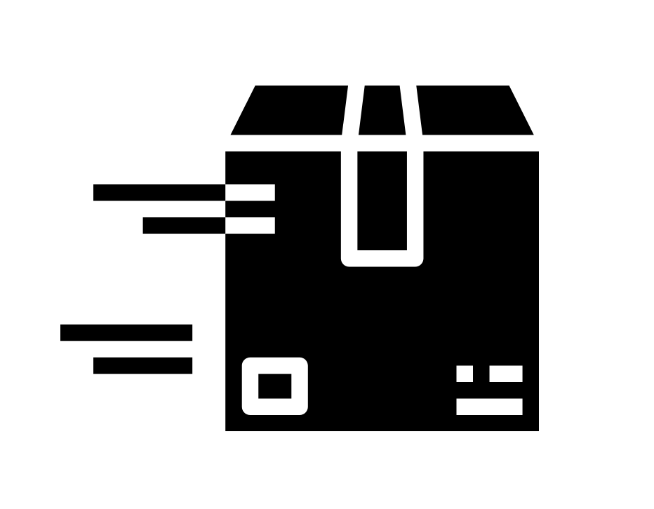 A black icon of a shipping box with motion lines to its left, indicating fast delivery.