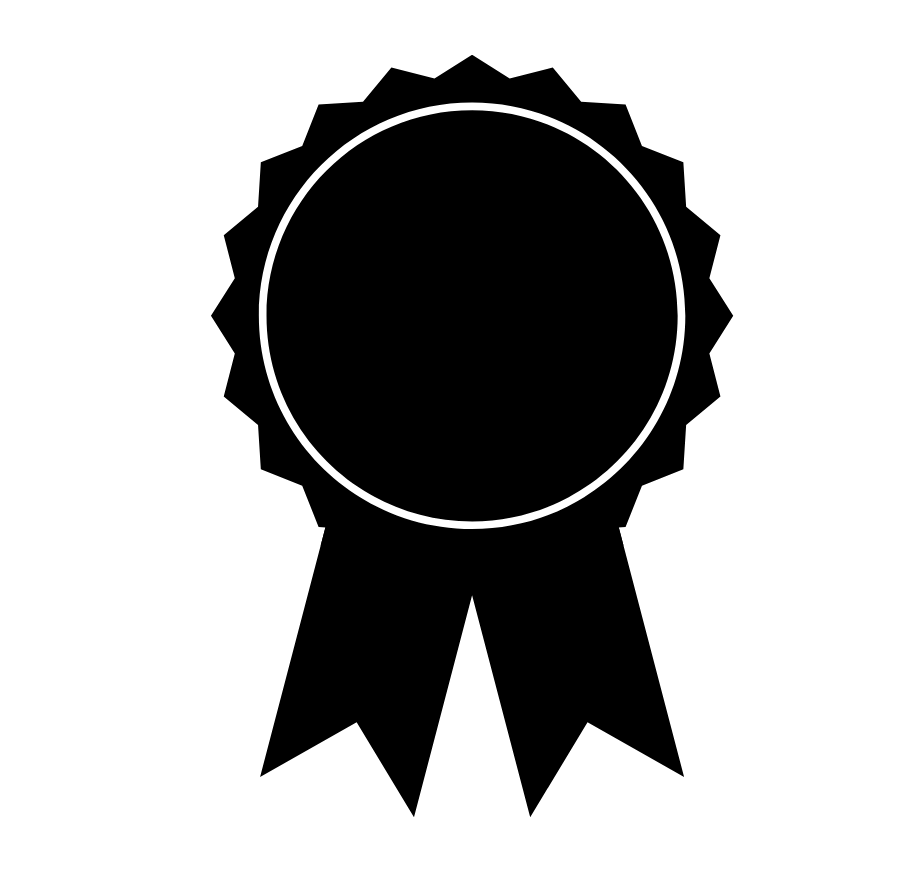 A black silhouette icon of an award ribbon with a circular seal and two tails.