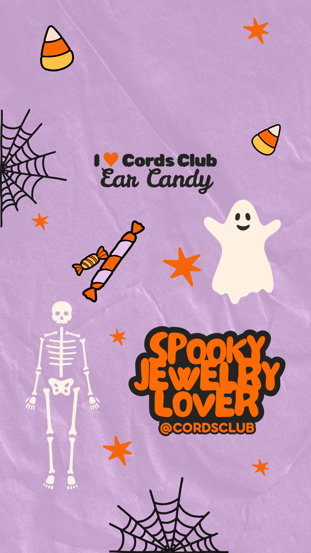 Halloween-themed design with candy, ghost, skeleton, web, and text on a purple background.