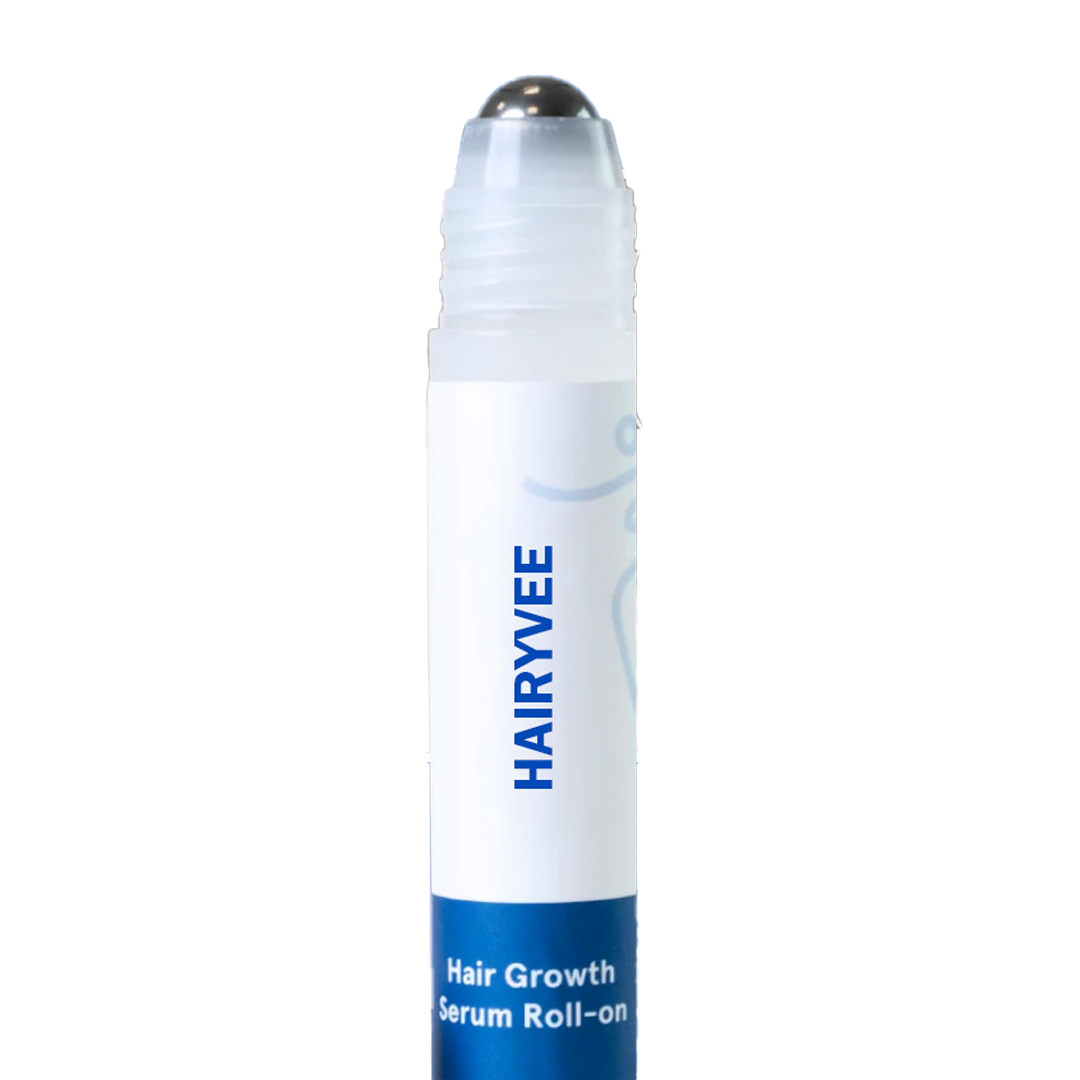 White hair growth serum roll-on with blue label.