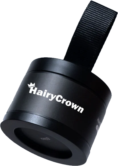 Black cylindrical object with 'HairyCrown' text and a strap.