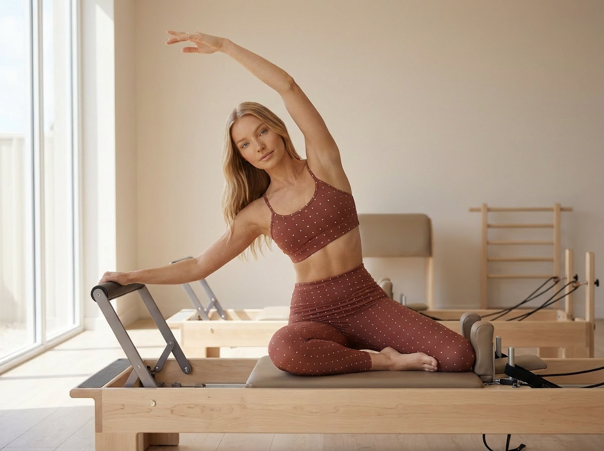 Woman stretching on a Pilates reformer machine.