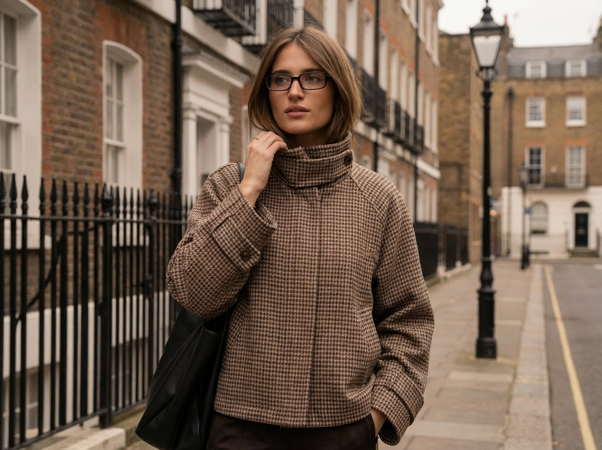Person wearing glasses and a patterned coat on a city sidewalk.