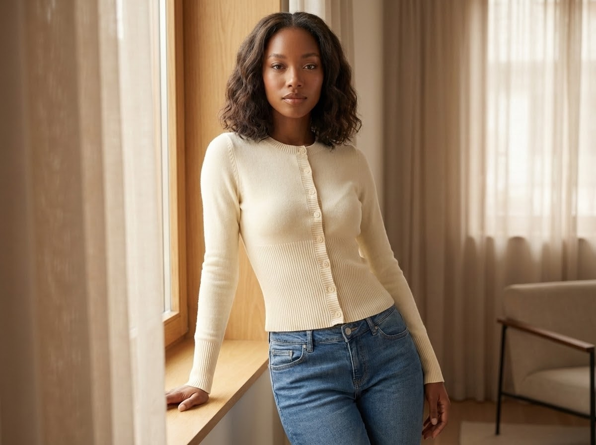 A person standing by a window wearing a beige sweater and blue jeans.