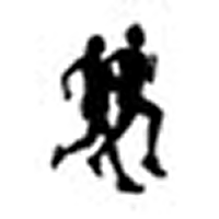 Silhouette of two people walking surrounded by abstract shapes.