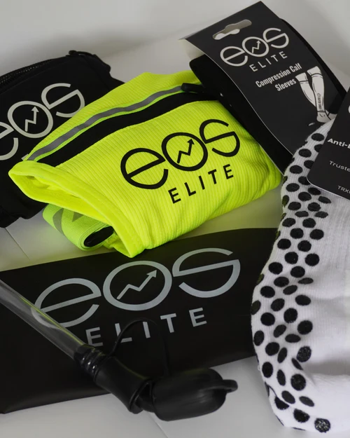 Assorted EOS Elite sports gear including socks, sleeves, and a pouch.