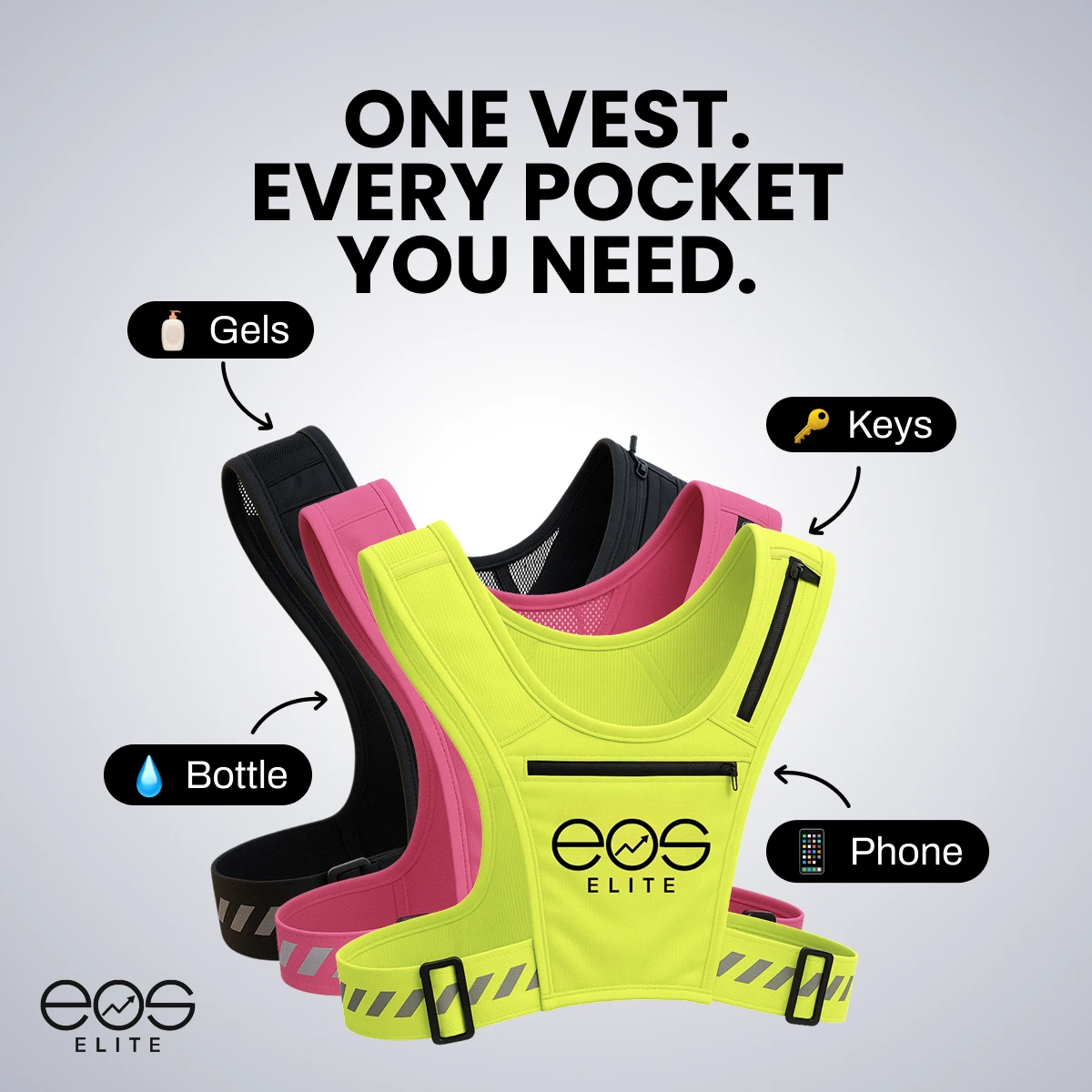 Three colorful vests with labeled pockets for gels, keys, bottle, and phone.