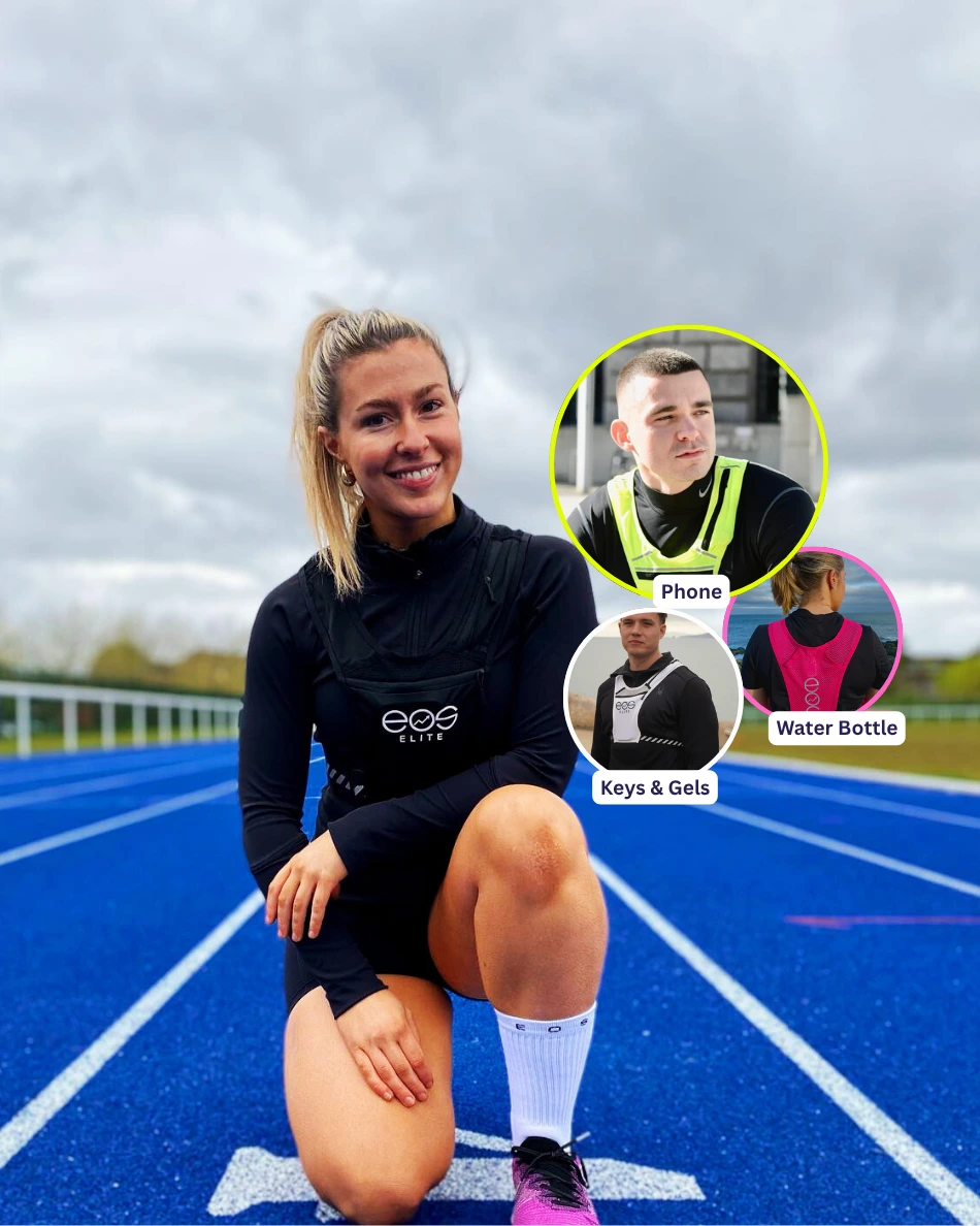 Woman kneeling on a blue running track, wearing athletic gear, with circular insets showing accessories.