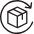 A black circular arrow around a box, symbolizing a return or exchange process.