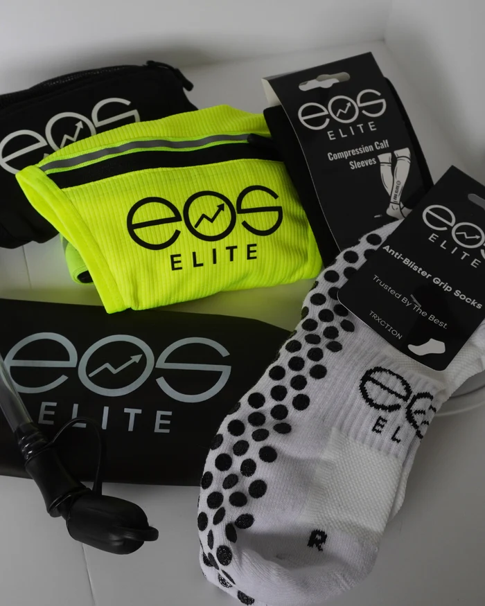 EOS Elite sports gear including socks, sleeves, and a pouch.
