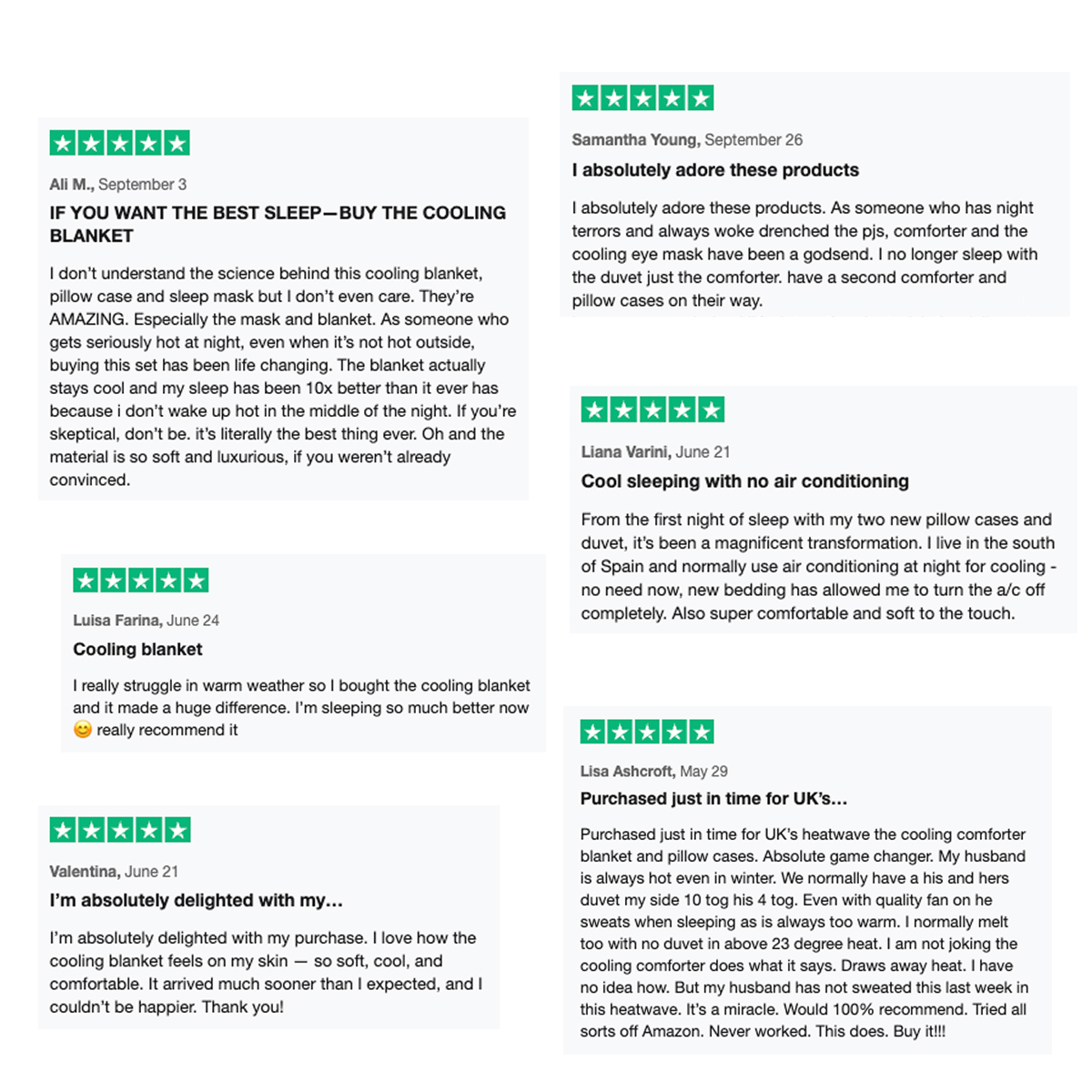 A collage of six positive, five-star customer reviews for a cooling blanket and other bedding products.