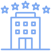 Icon of a building with five stars above it.