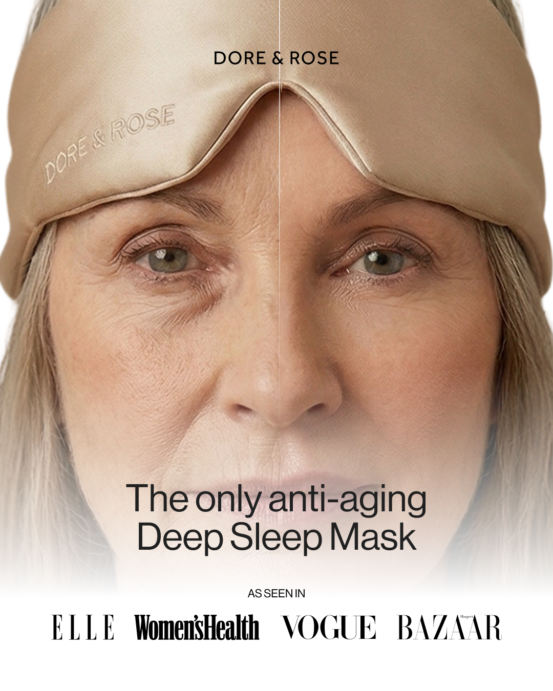 A split image showing a before-and-after of a woman's face wearing a Dore & Rose anti-aging sleep mask.