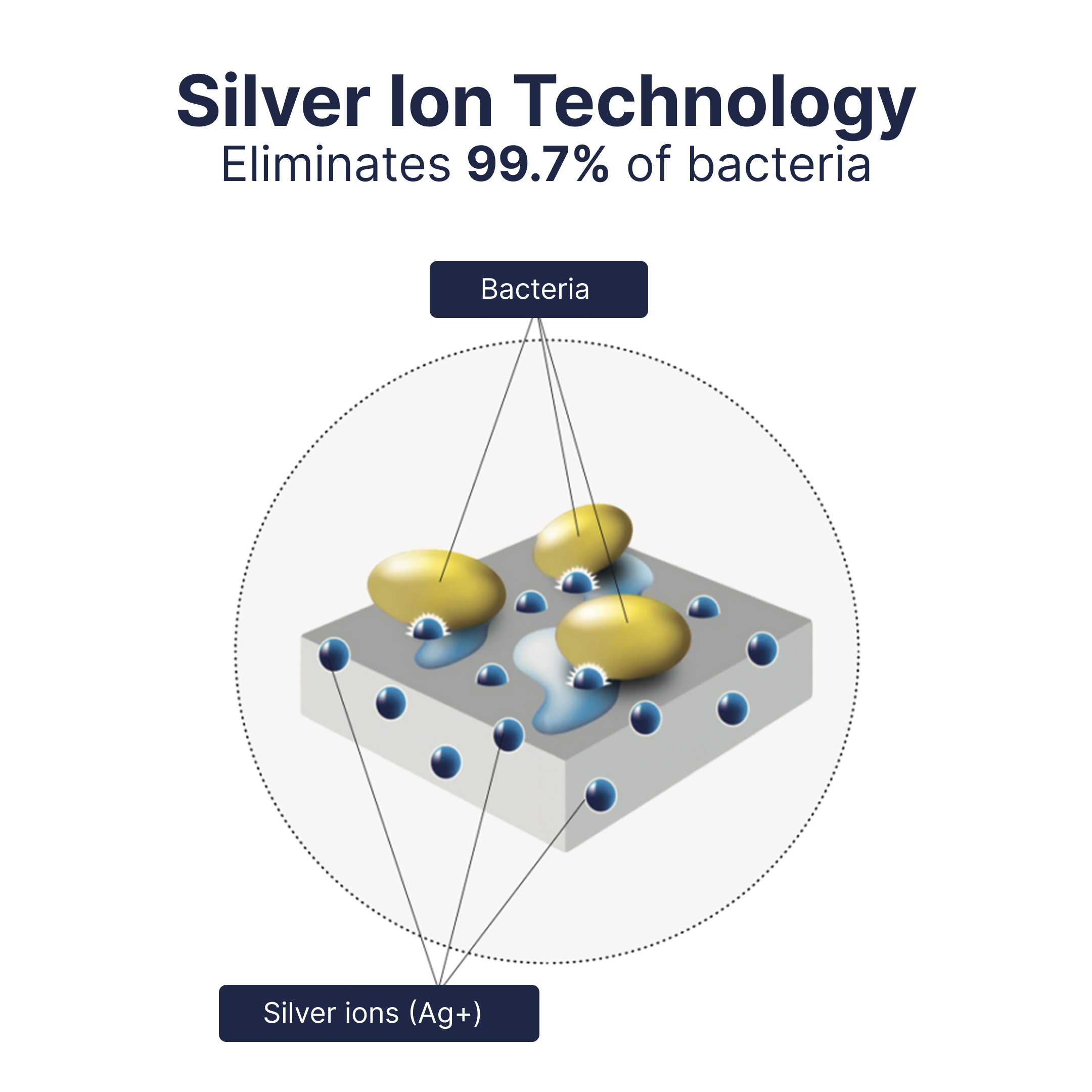 A diagram showing how silver ions eliminate bacteria on a surface, illustrating silver ion technology.