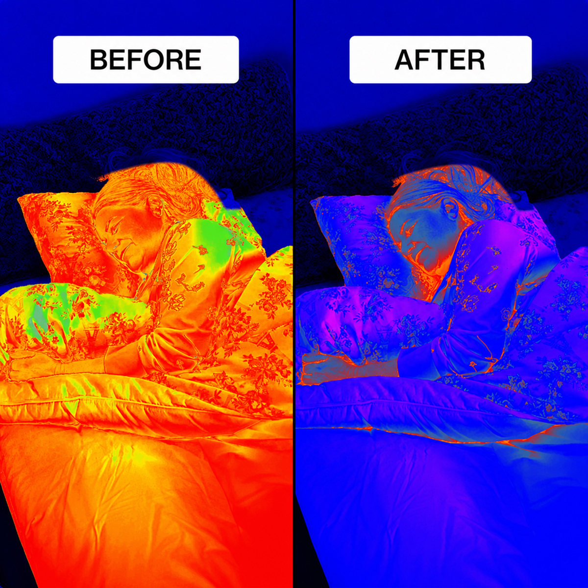 A before-and-after thermal image of a person sleeping, showing the person warmer before and cooler after.