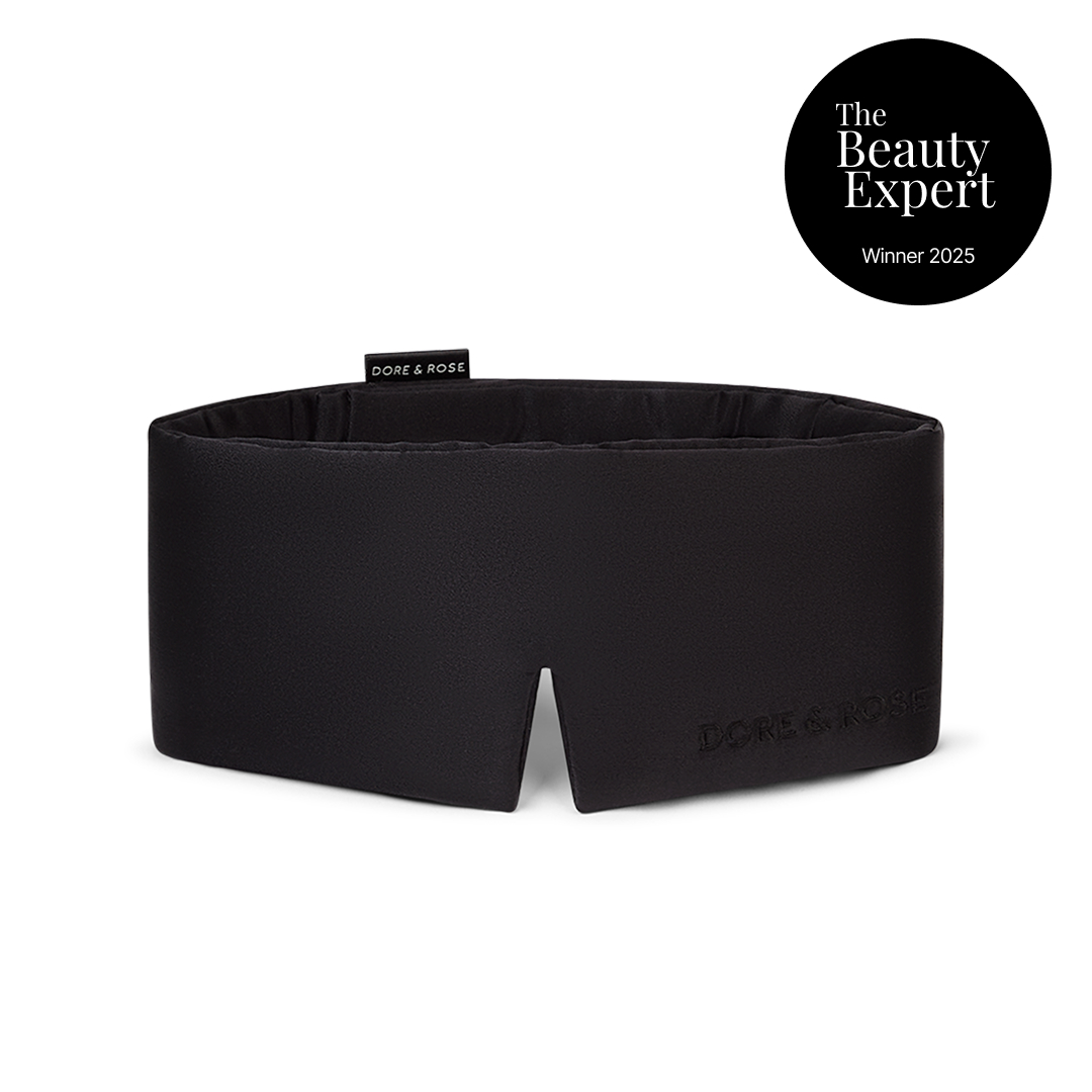 A black Dore & Rose padded sleep mask with a 'The Beauty Expert Winner 2025' award seal.