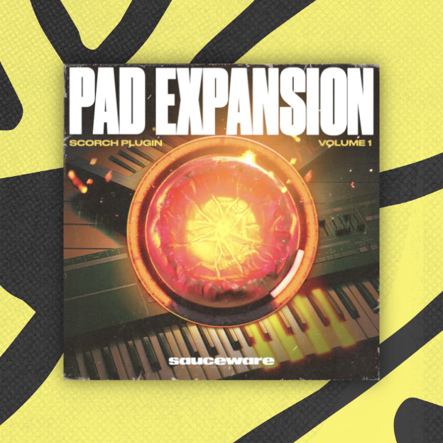 Cover art for 'Pad Expansion' with a fiery circular design over a keyboard.