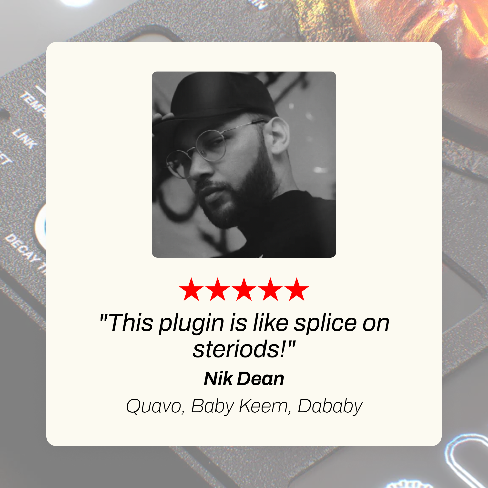 Black and white photo of a man with glasses and a cap, with a five-star review below.