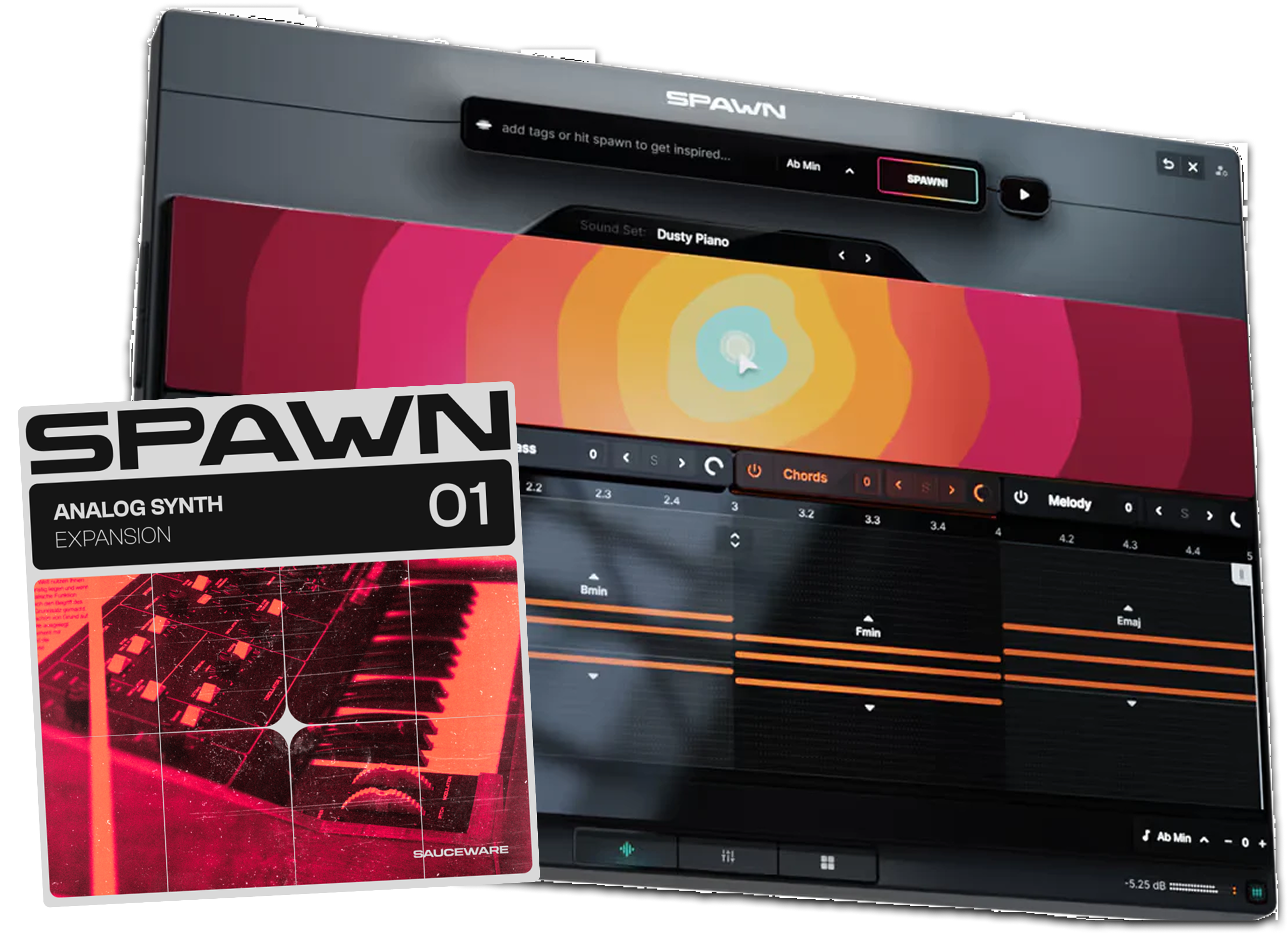 A promotional image showing the Spawn music software interface and its Analog Synth expansion pack cover art.